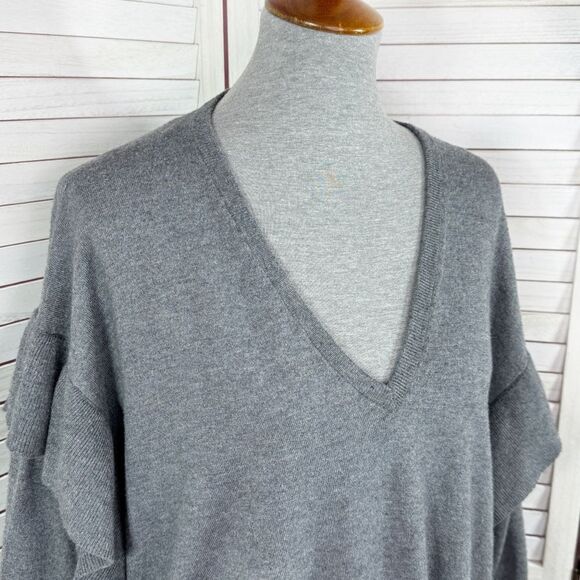 Zara Ruffle Trim Sides V Neck Sweater Grey Medium Dolman Sleeve - Picture 6 of 15